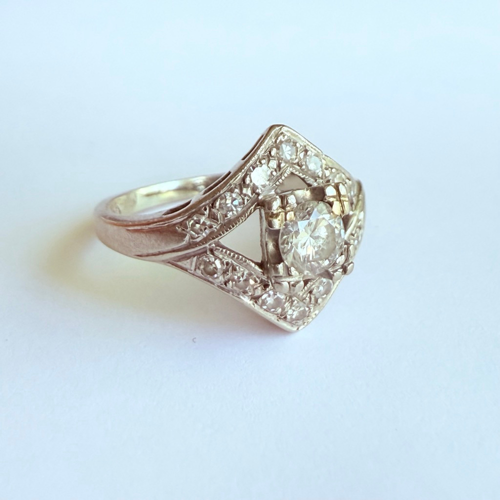 Estate Art Deco 14K Gold Custom .50 CT Solitaire Diamond Antique Engagement Ring - Picture 3 of 13